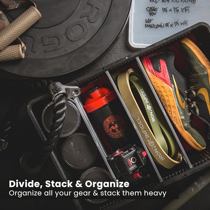 SIDIO Crate Basic Pack - 2 Full-Size & 1 Half-Size Heavy Duty Stackable Storage Bins, Totes and Containers with Dividers - Durable Plastic Organizer for Home, Office, Garage, and Outdoor Use (Tan)