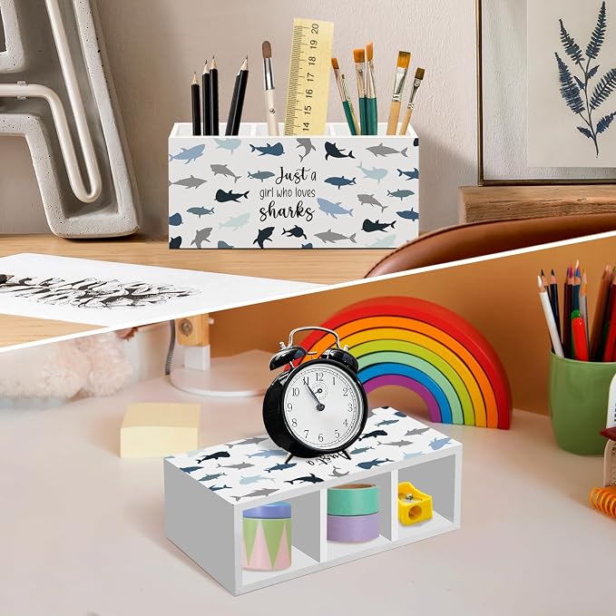 Shark Pen Pencil Holder for Desk, Funny Shark Office Desk Accessories, Sharks Makeup Brush Toothbrush Holders Organizer for Girls Dorm Room Kids Bathroom, Just a Girl Who Love Sharks