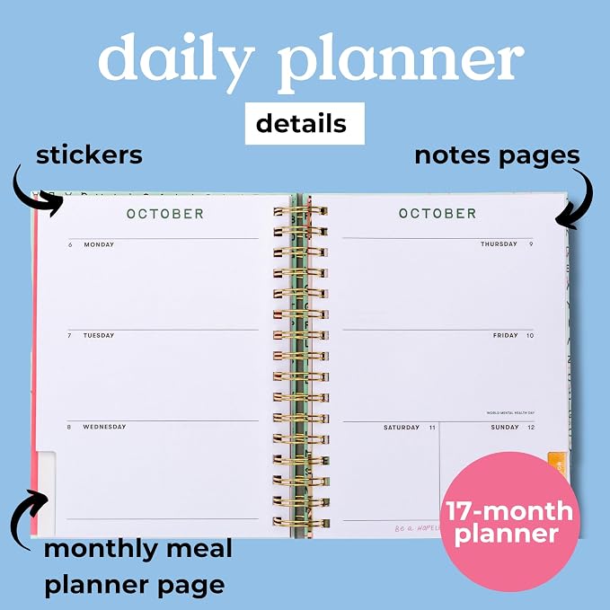 ban.do 17-Month Medium Daily and Weekly Planner Dated August 2025 - December 2026, Hard Cover Self Care Journal, Spiral Agenda with Monthly Calendar, Stickers, Art & Bonus Pages (Blue Floral)