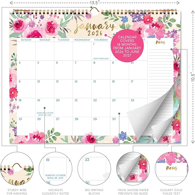 S&O Watercolor Floral Wall Calendar from January 2026-June 2027 - Tear-Off Monthly Calendar - 18 Month Academic Wall Planner - Hanging Organizer to Track for Anniversaries & Appointments - 13.5"x10.5”in