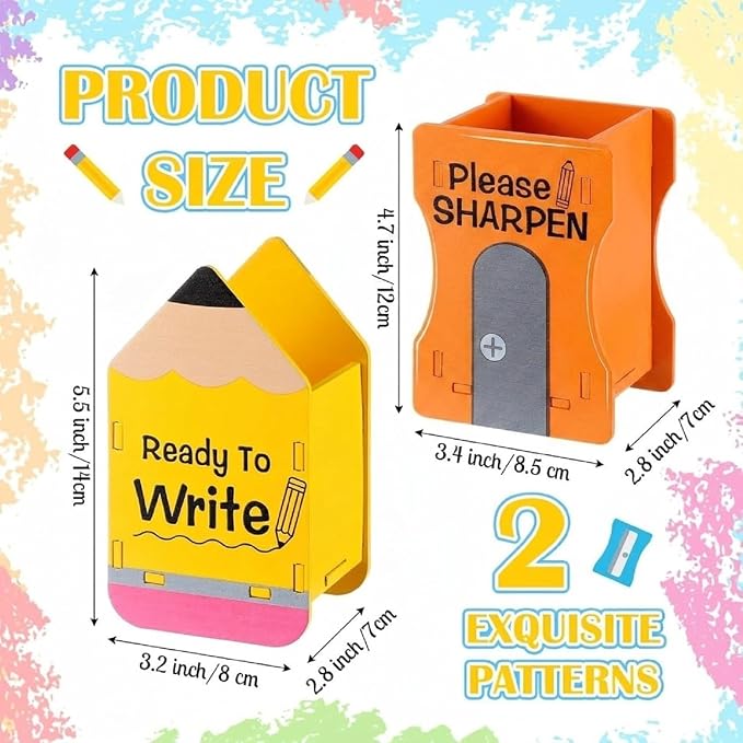 Sherr 2 Pcs Wood Pencil Holder Pencils and Sharpener Shaped Sharp and Dull Pen Holder Back to School Wooden Dispenser Storage Organizer for Classroom(Pencil and Sharpener,Yellow and Orange)