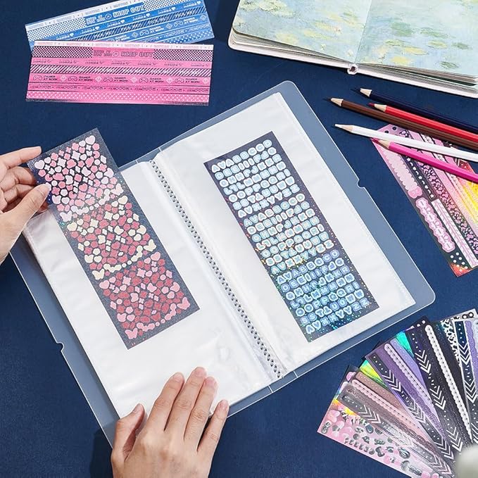BENECREAT Clear Sticker Organizer Binder Storage Book for Sticker Storage Collecting Album with 50 Pack Double Sided for Planner Scrapbook, Journal Stickers Collection