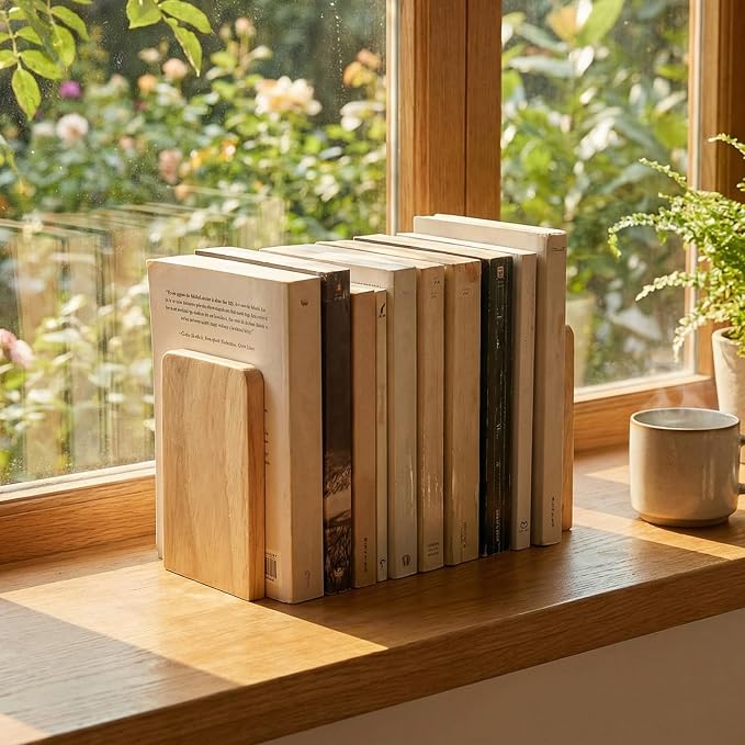 2 Pcs Wood Book Ends for Shelves, Bookends for Heavy Books,CD,File,Video Games, Book Organizer for Home Office School Supplies (2, Small)