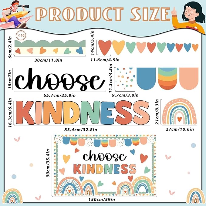 Choose Kindness Bulletin Board Rainbow Cutouts Boho Positive Classroom Decoration Choose Bohemia Bulletin Board for School Classroom Home Chalkboard Wall Door Décor Christmas Holiday Party Supplies