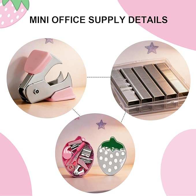 Mini Office Supply Kits Strawberry Mini Stapler Set, 11Pcs Portable School Supplies Kit with Mini Scissors, Tape Dispenser, Hole Puncher, Sticky Notes for Desk Organization, for Back to School