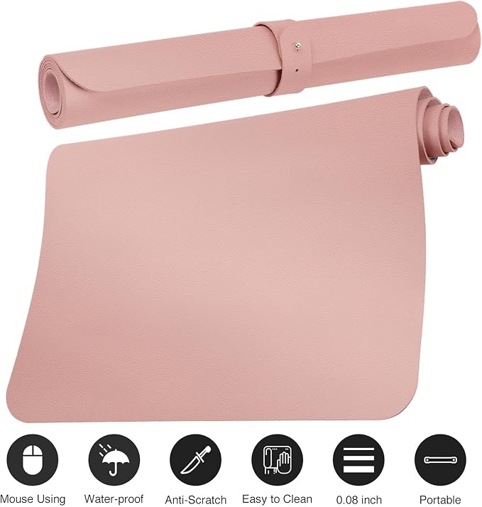 Boutilon Leather Desk Pad Protector,Non-Slip Mouse Pad,Laptop Desk Pad,Office Mouse Mat,Waterproof Leather Desk Blotter,Desk Writing Pad for Office and Home (S-Pink,24"x 14")