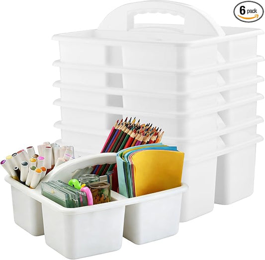 Plastic Storage Caddy Organizers, 6 Pcs Portable Teacher Classroom Supply Caddies with Handle, 3-Compartment Utility Craft Art Caddy for Kids, School Classroom and Office Organization, White