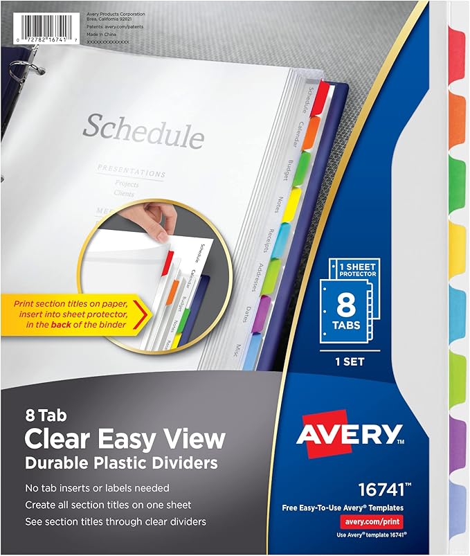Avery Clear Easy View Durable Plastic Dividers for 3 Ring Binders, 8-Tab Set, Bright Multicolor, 1 Set (16741)