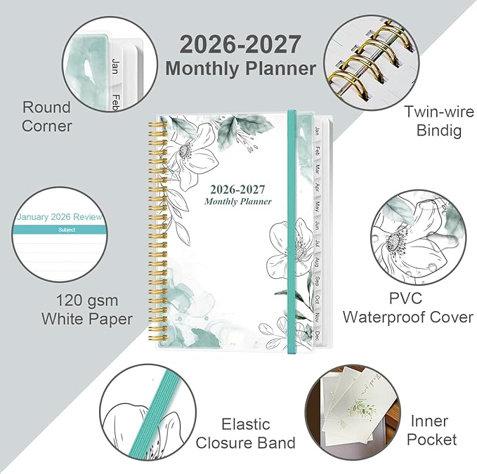 2026-2027 Monthly Planner - January 2026 - June 2027, Two Pages Per Month, 18 Monthly Calendar/Planner with Tabs, Inner Pocket, 6.4" x 8.5", Teal Flowers