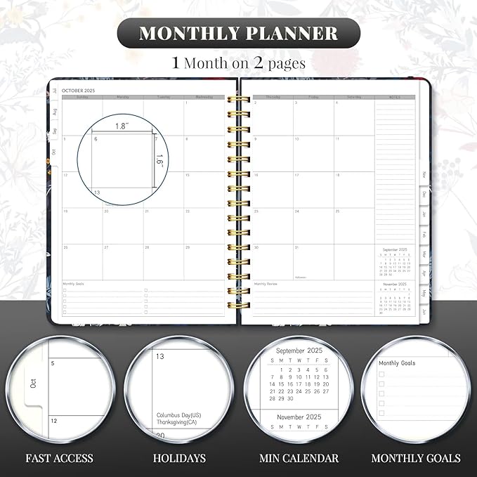 Lonely Oak Academic Planner 2025-2026, Daily Weekly and Monthly Calendar Planner 8.5" x 11" with Tabs, Spiral School Year A4 Agenda from JUL.2025 to JUN.2026 for Student and Teacher (Black Bloss)