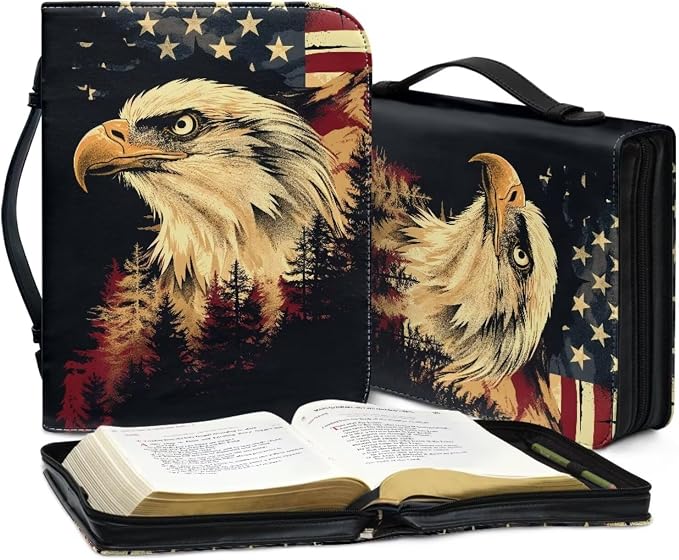 Leather Bible Cover Case for Men,Bald Eagle American Flag Bible Carrying Cases,Bible Covers,Bible Bag,Medium