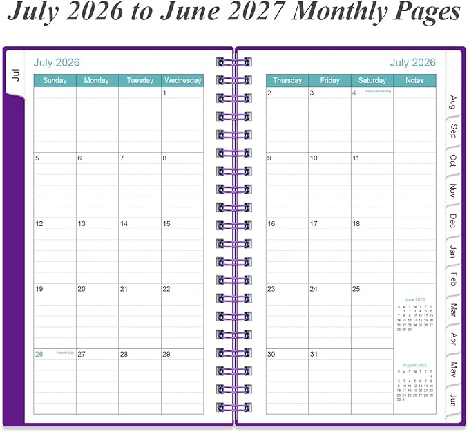 2026-2027 Pocket Planner/Calendar - 2026-2027 Planner from July 2026 - June 2027, Planner 26-27 with 12 Tabs, Twin-Wire Binding, Inner Pocket, 3.75" x 6.75, Purple