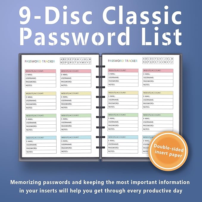 Insert for 9-Disc Classic, Color Password Tracke，Pre-punched Inserts, Refill Calendar