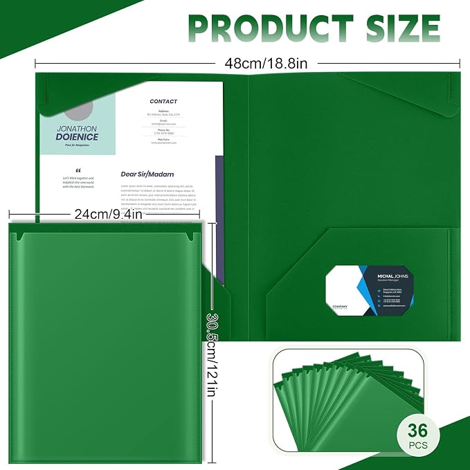 Henoyso 36 Pack Dark Green Plastic Folders with Clear Front Pockets Heavy Duty File Folders with 2 Pockets and Card Slot for Student Communication School Office Presentation Report