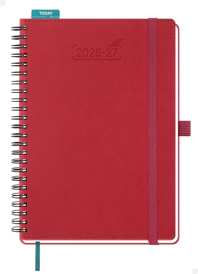 BEZEND Weekly Planner 2026-2027 (6" x 8.5") with Hourly Timeslots (Jul 26-Dec 27) 18 Months Academic Calendar & Monthly Tabs, for Students, Work & Home, Spiral PU Leather Softcover -Red