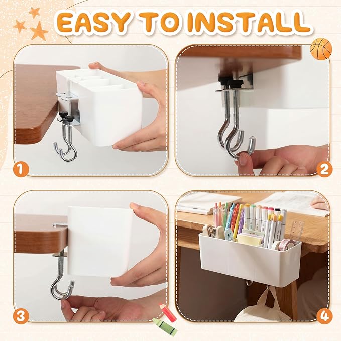 Reallnaive 8 Pcs Desk Side Storage for Classroom Side Desk Organizer Back to School Gift No Drill Holder Clamp Plastic Desks Organizer for Table Chair to Hold Pen Phone Notebook for Office Classroom