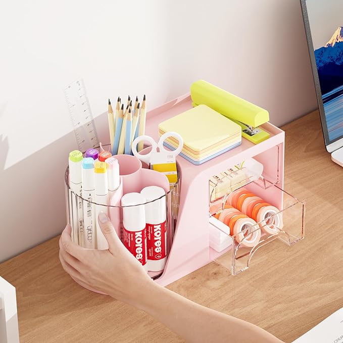 Marbrasse Desk Organizer with 2 Drawer, 360°Rotating Pen Holder, Desk Organizers and Accessories with 6 Slots Pencil Organizer + 2 Drawer, Art Supply Storage Box Caddy for Office (Pink)