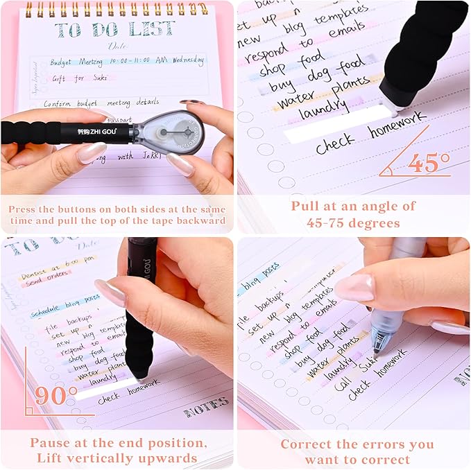 Temiary 4 Pcs White Correction Tape Pen, 19.69 ft Smooth Pull Out Tape Pens, Instantly Dry, Easy to Use Applicator for School Office Supplies (Black)