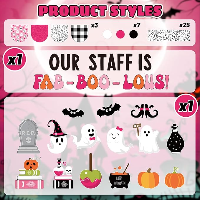 JarThenaAMCS 97Pcs Halloween Ghost Bulletin Board Decoration Set Pink Cute Ghost Boo Pumpkin Paper Cutouts with 100Pcs Glue Points for Halloween Birthday Party Classroom