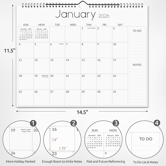SKYDUE Wall Calendar 2026-2027, Jan 2026 to Jun 2027 18 Months 2026 Wall Calendar with Planner Stickers, 14.5" x 11", Black