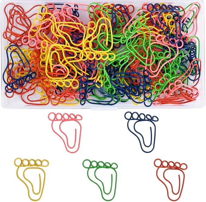 Vuzvuv 100Pcs Rainbow Creative Footprint Paper Clips Assorted Colors Cute Metal Footmark Shaped Bookmark Clips for Party Invitation Card Student Gift Notebook Office Accessories Document Organization