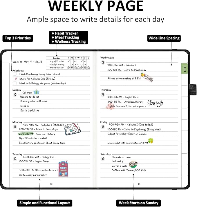 Comkiso Undated Weekly and Monthly Planner with Adhesive Tabs, A5 Dateless Academic Planner for Women & Men Daily Planning, Hardcover Leather All In One Planner for Home School Work Organizer (Black)