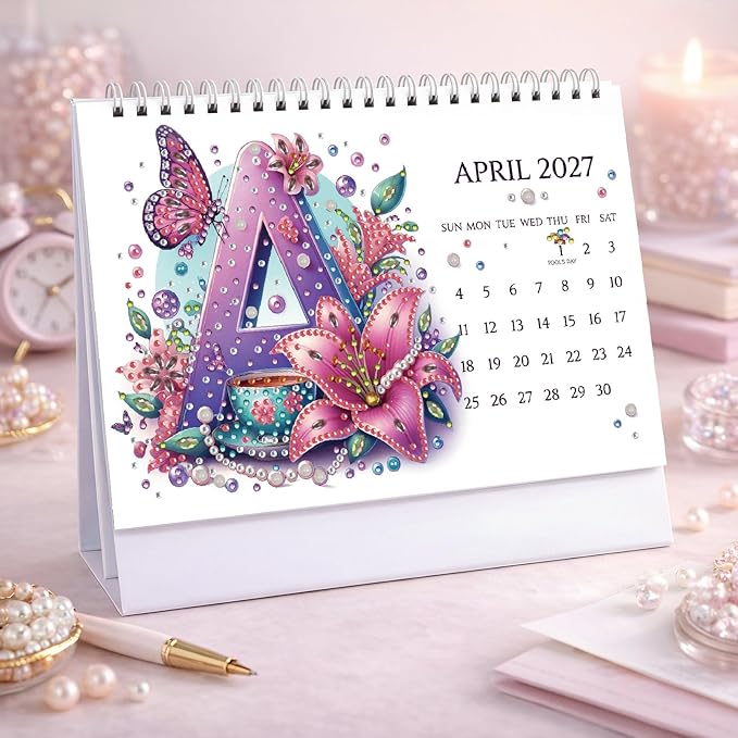 2027 Standing Desk Calendar DIY Diamond Art Painting Monthly Flip Dates Alphabet Theme Tabletop Calendars Diamond Art Craft Supplies Planner Office Home-Letter