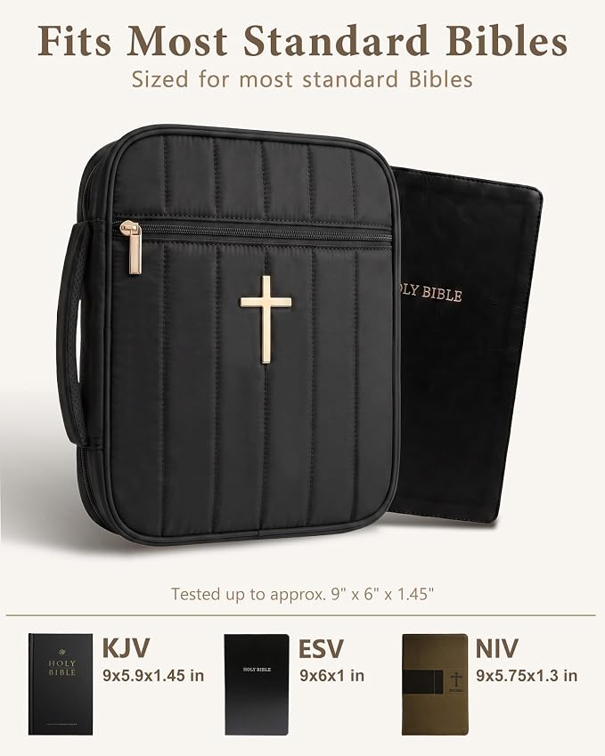 Wuflyover Bible Bag for Women, Quilted Bible Cover Case with Handle, Bible Carrying Case for Church and Bible Study, (Black)