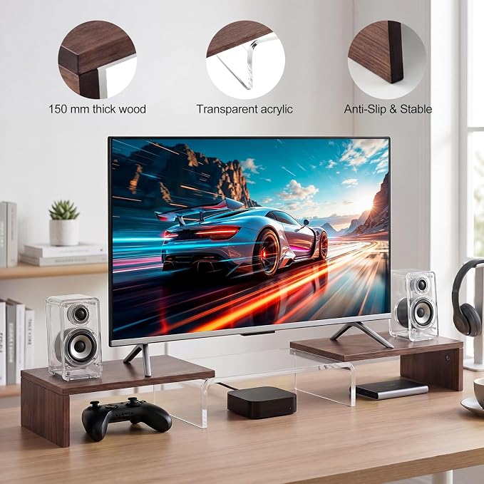 High-Clarity Dual Monitor Riser, Acrylic Monitor Riser, Adjustable Angle & Length Computer Monitor Stand, Wide Desk Shelf for Top of Desk for Home Office_Walnut Look Small
