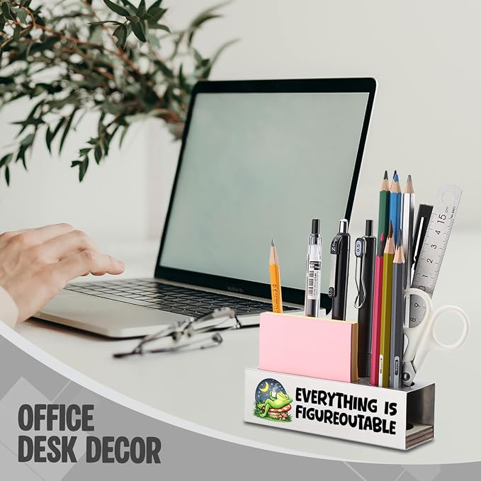 FOKCBOCM Motivational Office Pen Holder with Frog Night Design, Stainless Steel Desk Organizer Gift for Coworker, Calming Workspace Decor, Positive Daily Reminder Desk Accessory-DS120