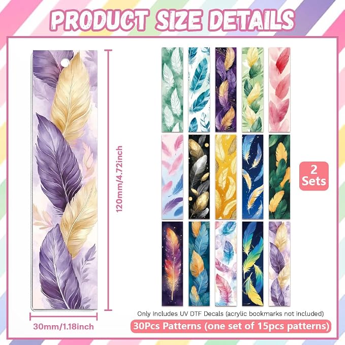 Peacoblue 30pcs UV DTF Bookmarks Transfer Stickers Wraps Feather for Women Men Reading, Waterproof Bookmarkers Decal(No Blank Bookmarks) for Acrylic Plastic Metal Blank Bookmark