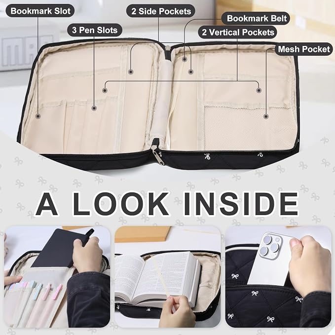 Large Bible Cover Case for Women, Journal Study Supplies Kit Bible Bags for Women, Quilted Carrying Book Covers Church Bag for Mens Included Bible Accessories-Black