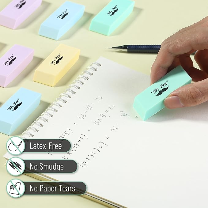 Mr. Pen- Pencil Eraser, 12 Pack, Pastel Colors, Large Latex Free Block Erasers for School, Office, Art Sketching, Homework, Exams, Clean Smudge-Free Correction
