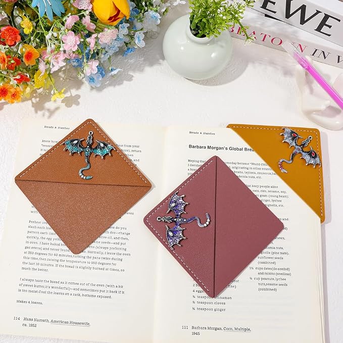 Fantasy Fourth Wing Leather Bookmarks, Flying Dragon Metal Pendant CornerBookmark, Book Mark for Reading Women Men Couple Book Accessories,Reading Supplies for Book Lover (Dragon Leather)