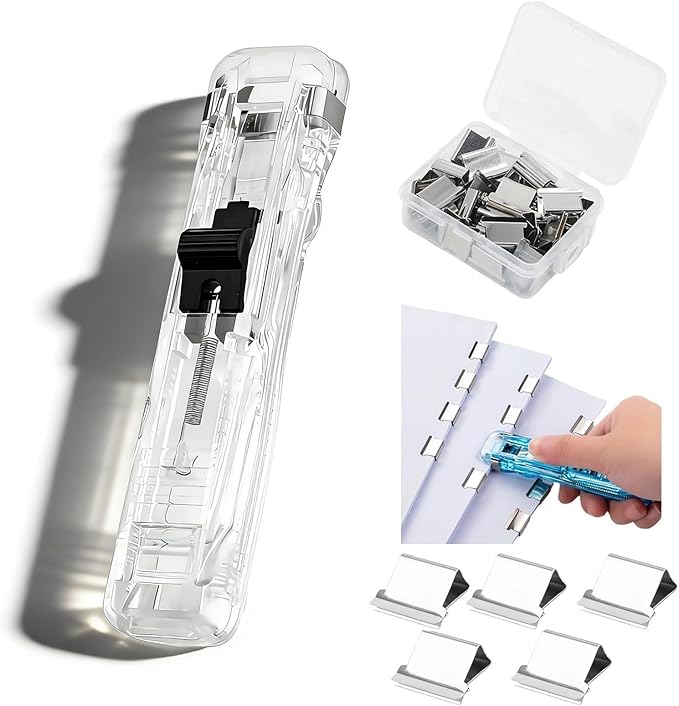 Paper Clip Dispenser, Portable Binder Clip Stapler - Includes 50 Reusable Clips Desktop Push Stapler Binder Clips Paper Clamps Small Binding (B 1PCS)