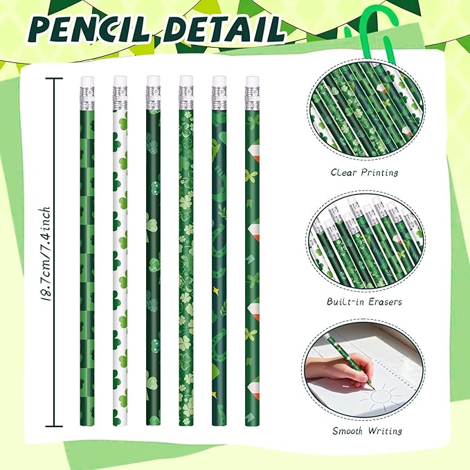 St. Patrick's Day Pencils Green Pencil Holiday Pencils for St Patrick's Day, 6 Style (120)