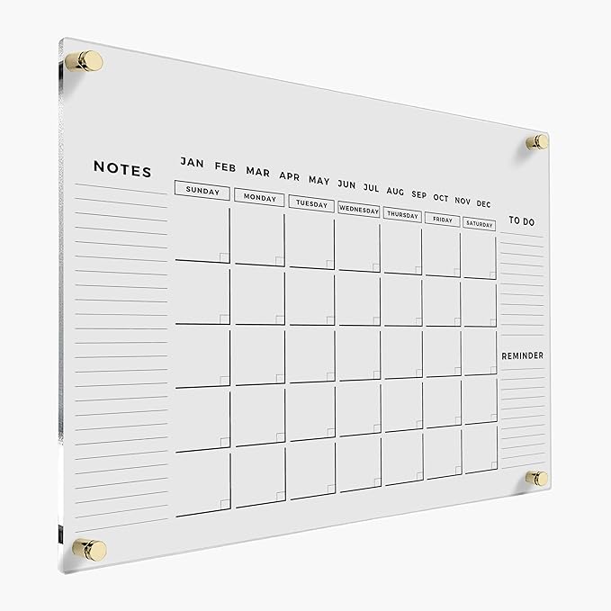 Acrylic Dry Erase Monthly Wall Calendar with 3 Side Headers - Reusable Family Planner, Schedule Organizer Board, Housewarming Gift (Gold Standoff, 35"x23")