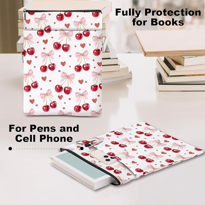 Cherry Bows Decor Book Lovers Gifts Waterproof Book Sleeve Books Pouch Books Protector with Zipper and Front Pocket Bookish Gifts Cover Case for Women Girl Friend Reader Reading Accessories