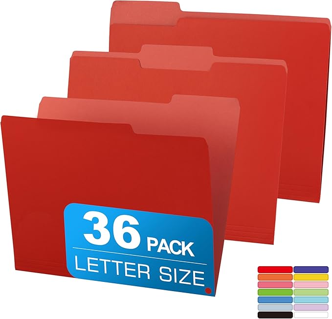 Two-Tone File Folder 8.5 x 11 Inch,36 Pack Red File Folders,1/3 Cut Tabs File Folder Letter Size,Colored File Folders,Manila File Folders for Office,School and Home,Organization