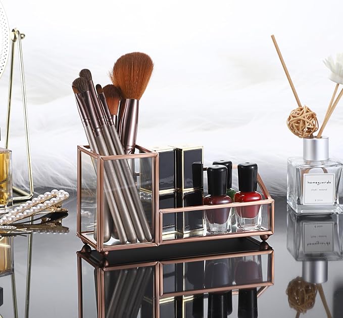 Hipiwe Glass Business Card Holder Stand Metal Pen Pencil Storage Holder for Desk Clear Business Card Display Organizer Case for Office Home Desktop,Rose Gold