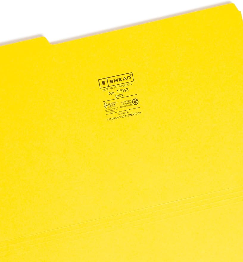 Smead Colored File Folder, 1/3-Cut Tab, Legal Size, Yellow, 100 per Box (17943)