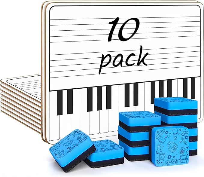 SCRIBBLEDO 10 Pack 11 x 14 Inch Piano Board Dry Erase White Boards Keyboard Double Sided Music Staff whiteboard for Kids Students, Musicians Music Class Supplies. (10 Erasers Included)