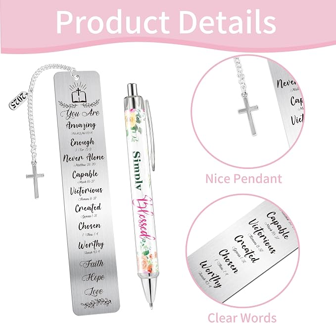 Christian Bookmark and Pen Gift Set, Inspirational Bible Verse Metal Book Mark with Cross Charm Ballpoint Pen, Book Markers for Women Men Students,Faith-Based Back to School Office Stationery