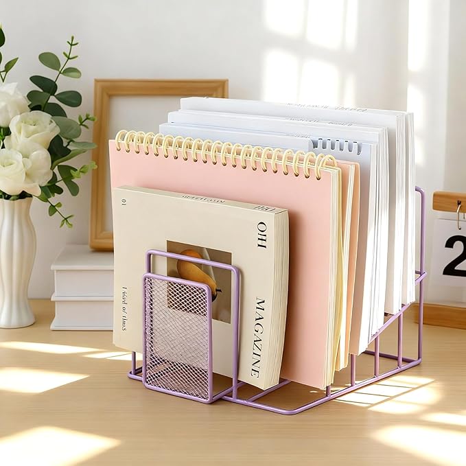 2 Pcs 7 Section Wire File Organizer for Desk, Metal Mesh Incline File Holder, Letter & Magazine Folder Rack, Desktop Paper Sorter for Home Office School (Purple)