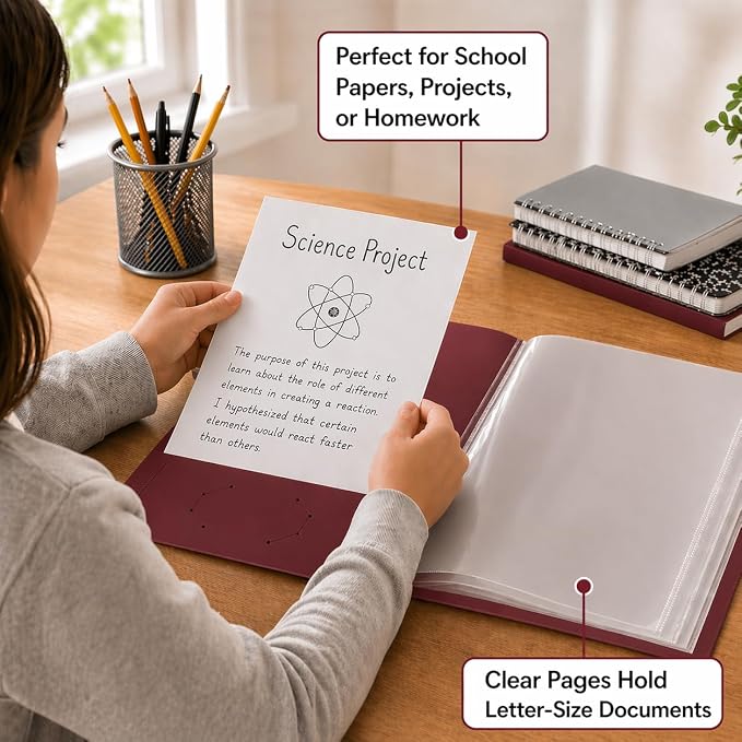 Ultra PRO - 50 Pack Burgundy Heavy Duty 2-Pocket Folders with 6 Clear Internal Pages, Waterproof Poly Project Organizer for School and Office, Fits 8.5 x 11 Letter Size, Customizable Clear Covers