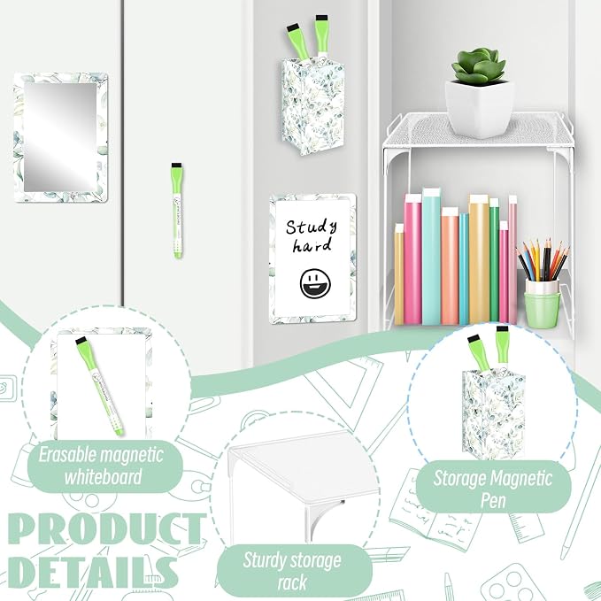 Denylo pro Magnetic Locker Accessories Kit Green Leaves Back to School Essentials Locker Organizer Supplies Include Mirror Whiteboard Pen Shelf Pencil Case Magnet Back to School Essentials