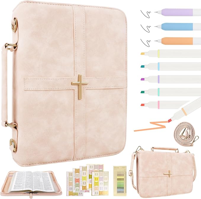 Classic Leather Bible Cover Case with Cross Design and Handle & Shoulder Strap for Women, Durable Bible Study Supplies Organizer Carrying Bag, Christmas Gifts for Christians with Gift Box（Pink
