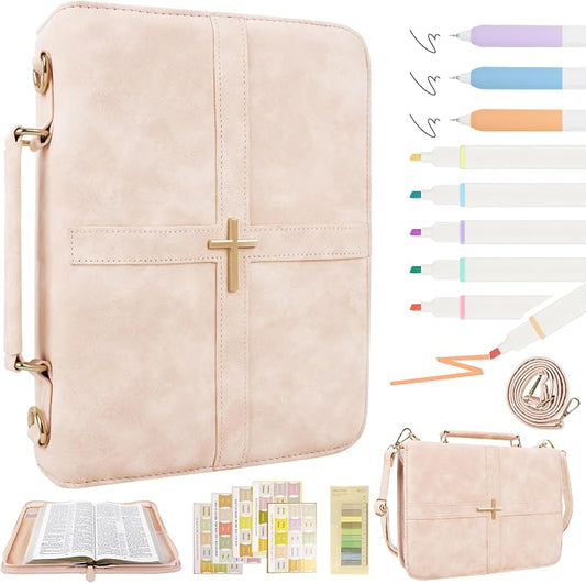 Classic Leather Bible Cover Case with Cross Design and Handle & Shoulder Strap for Women, Durable Bible Study Supplies Organizer Carrying Bag, Christmas Gifts for Christians with Gift Box（Pink