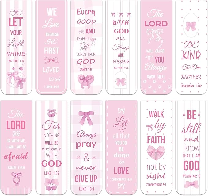 Haooryx Bible Verse Magnetic Bookmarks - 48 Pcs Pink Scripture Verse Inspirational Christian Religious Magnetic Clip Book Marks Motivational Book Page Markers Church Activity Party Favor Reading Lover