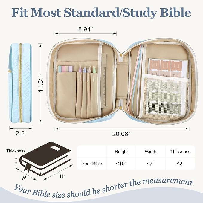 Ndsox Bible Cover Case with Handle for Women, Quilted Fabric & Vegan Leather Carrying Book Case Church Bag Bible Study Supplies Accessories Christian Gifts for Mother Lady Women Men, Blue